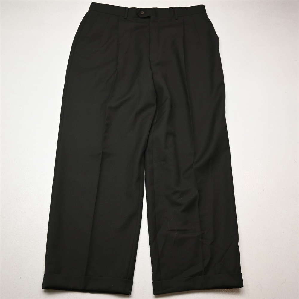 Vtg Bespoke‎ 34x30 Dark Green 100% Wool Pleated Cuffed Baggy High Waist Pants